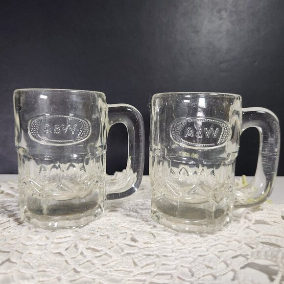 A&W Mini Clear Glass Mug Set of 2 cups Vintage 60s Embossed Logo 3.25" - Picture 1 of 7